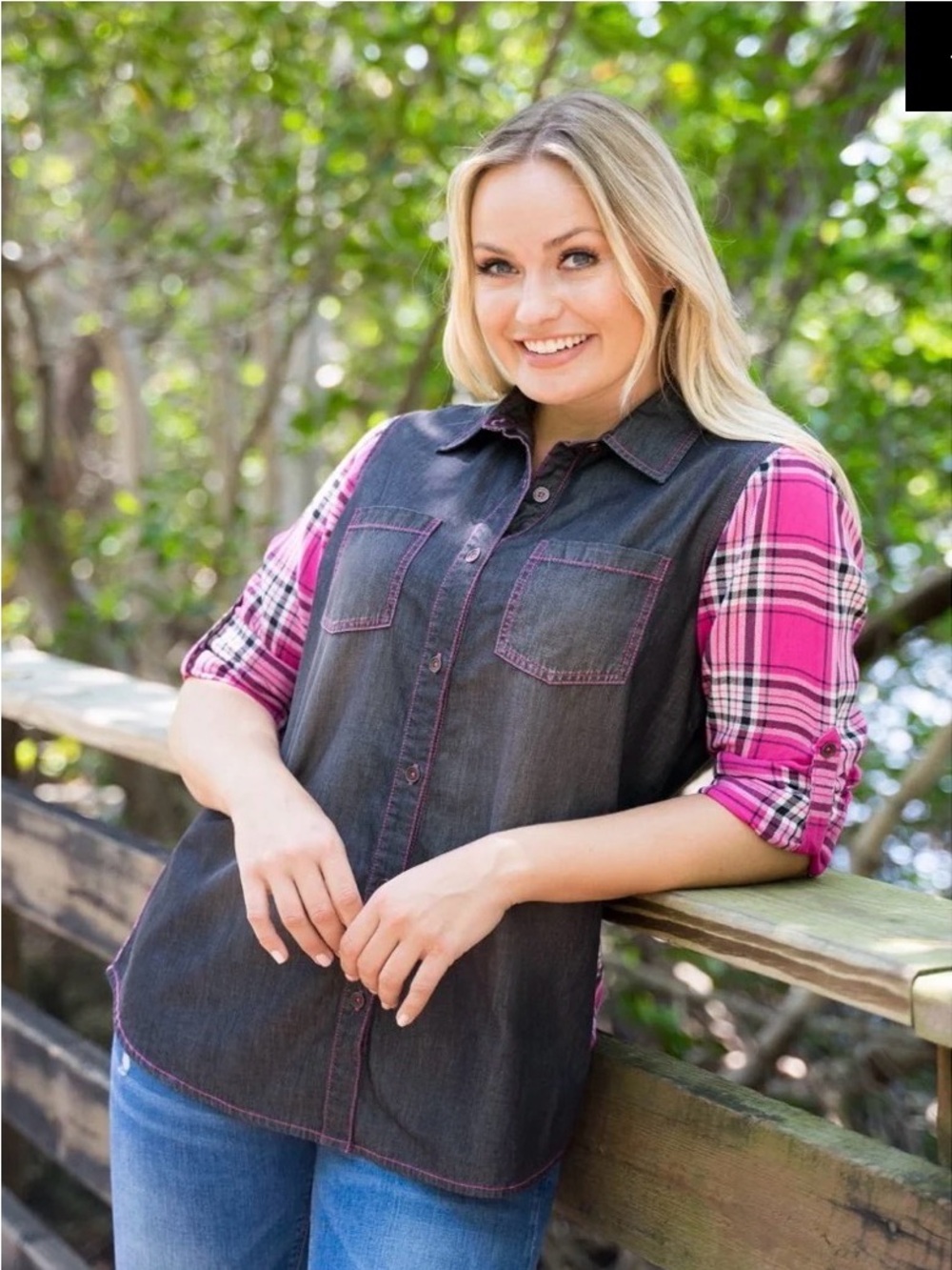 Bleu Bayou color block denim Button-Up Shirt L country western Y2K grange core